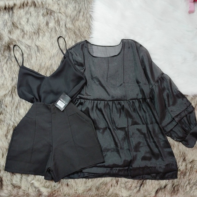 [Set 3 món] áo 2 dây tim quần short phối áo babydoll form rộng dưới 55kg