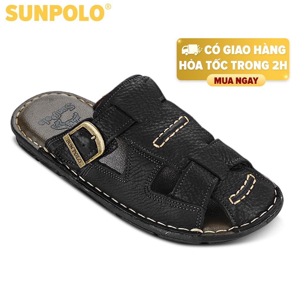 [Mã BMBAU300 giảm 7% đơn 499K] Dép Quai Ngang Nam Da Bò SUNPOLO Đen Nâu - SUA19DN