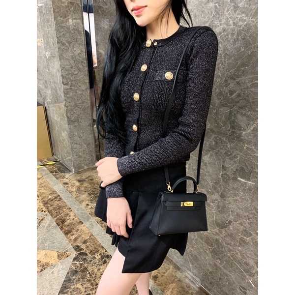 Áo cardigan nữ dáng ôm cổ tròn khuy bản to ánh kim thương hiệu thời trang cao cấp Channel 𝘾𝙝𝙖𝙣𝙚𝙡 CN