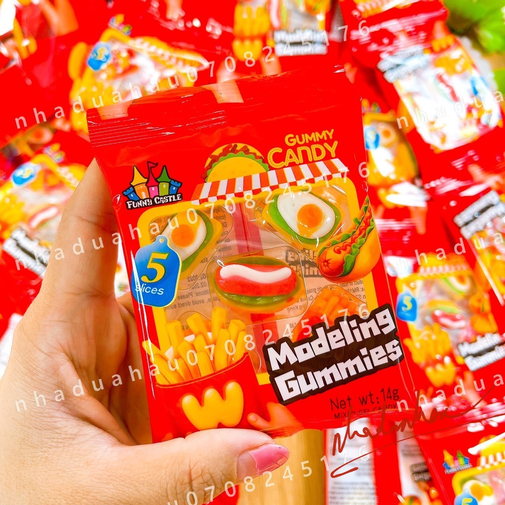 Lẻ 1 gói kẹo dẻo vỉ xanh đỏ hình burger/ khoai tây/ trứng chiên/ bảng chữ cái Funny Castle Hongkong vỉ 15gam
