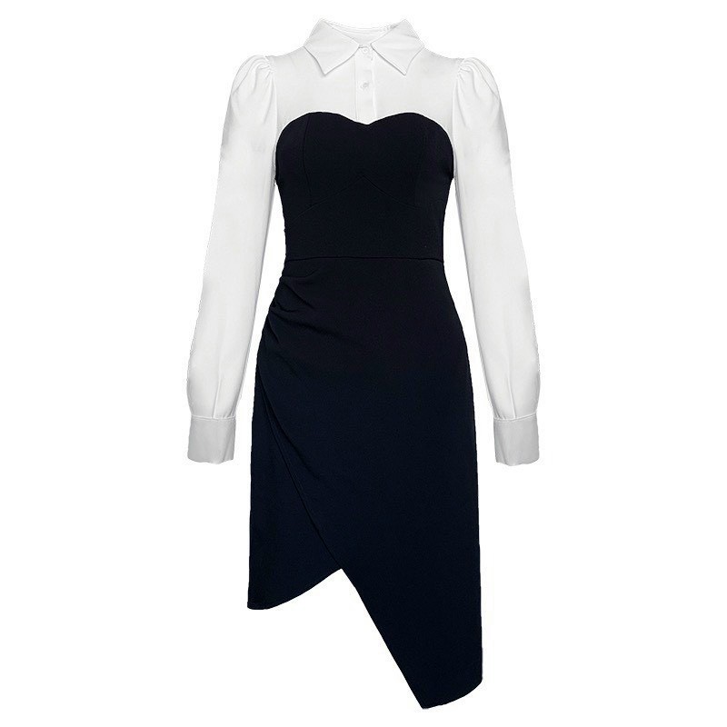 ĐẦM ĐEN NHÚN XẾP LI HÔNG LỆCH VẠT PHỐI CỔ SƠMI TRẮNG TAY DÀI KÈM ẢNH THẬT | BigBuy360 - bigbuy360.vn