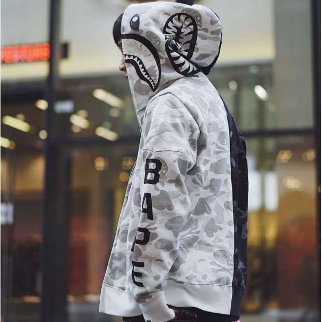 BAPE A BATHING APE Áo Khoác Hoodie Phối Khóa Kéo Họa Tiết Đầu Lâu / Cá Mập Độc Đáo