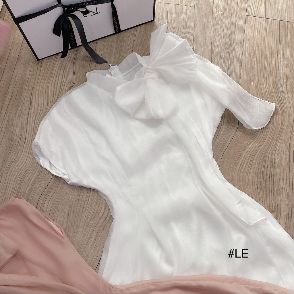 Đầm Nơ Ngắn xòe A cổ cao Bánh bèo, trắng, hồng, xòe nhẹ, tiểu thư, dễ thương, tay ngắn, đi chơi, đi tiệc, đi du lịch | BigBuy360 - bigbuy360.vn