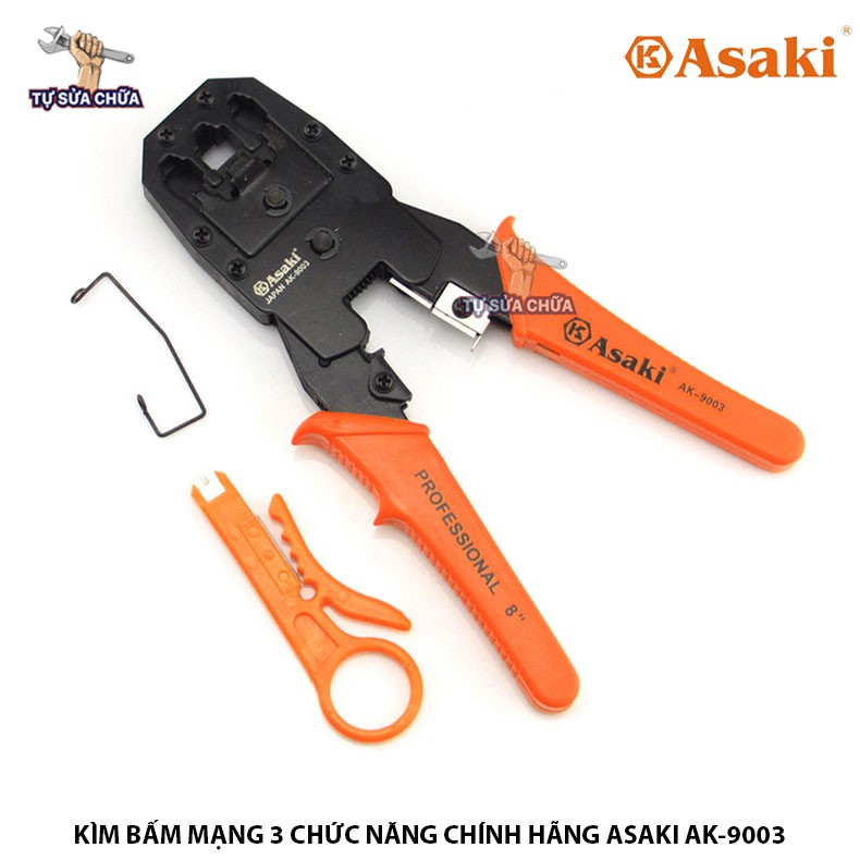 Kìm Kềm bấm cáp mạng 3 chức năng 8&quot;/200mm Asaki AK-9003, bấm đầu RJ45, RJ11, RJ22 hàng chính hãng loại xịn