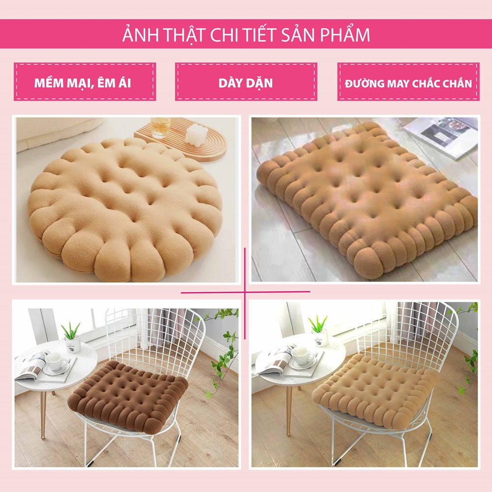 Đệm Ngồi Bệt HOMIES Hình Bánh Quy Vải Nhung Mềm Mại Êm Ái - Kích Thước 45cm x 40cm