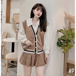 Set áo sơ mi mix ghi lê len kèm chân váy ngắn✌️ảnh thật