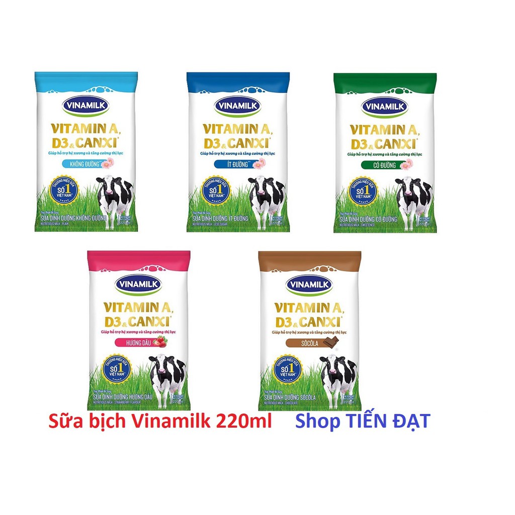 [Giao nội thị] Sữa tươi tiệt trùng Vinamilk bịch 220ml (không đường - có đường - ít đường - dâu - socola)