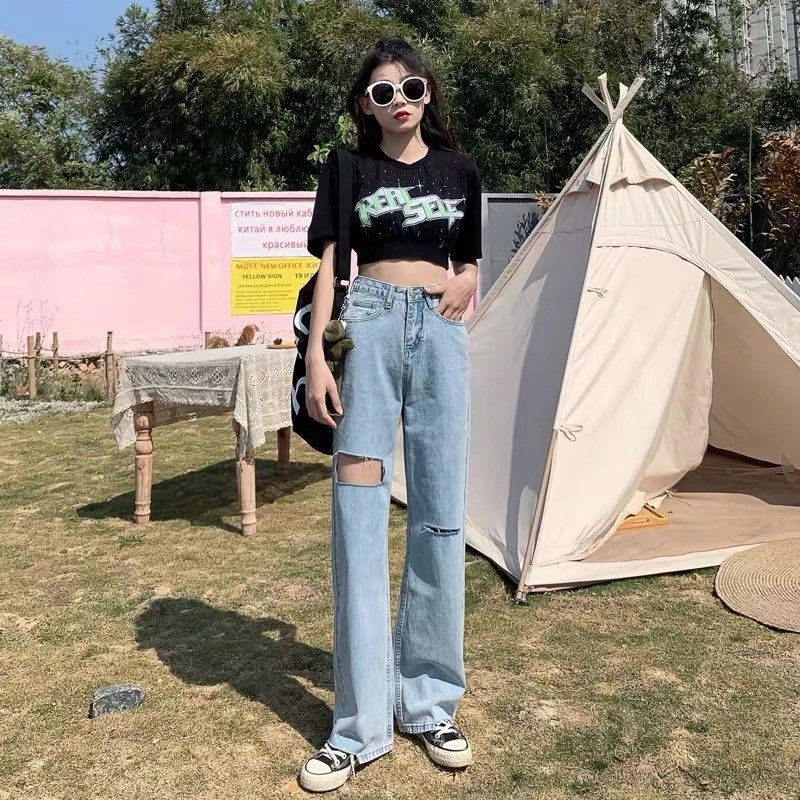 Quần jeans lưng cao thiết kế xẻ rách thời trang cá tính