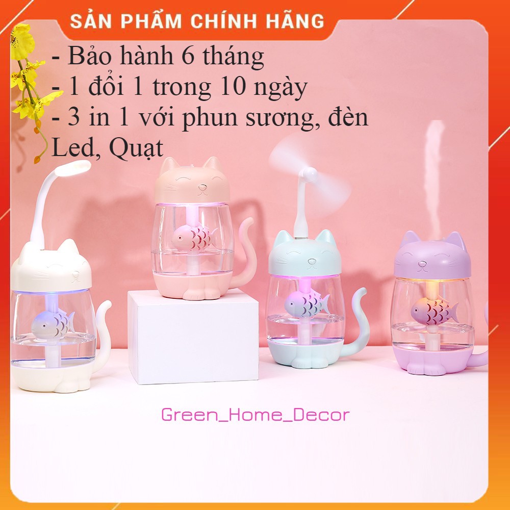 Máy phun sương tạo ẩm, xông tinh dầu hình mèo Kitty kèm quạt mát, đèn ngủ led