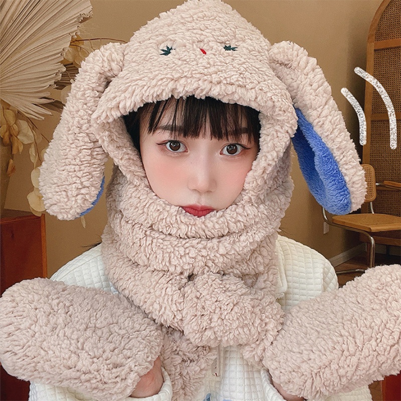 Set Mũ Khăn Choàng Cổ Tai Thỏ Kèm Găng Tay Giữ Ấm Mùa Đông