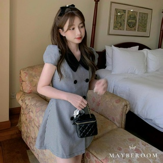 Váy suông a kẻ ô phối cổ đen tiểu thư tay cộc Lizard dress Mayberoom