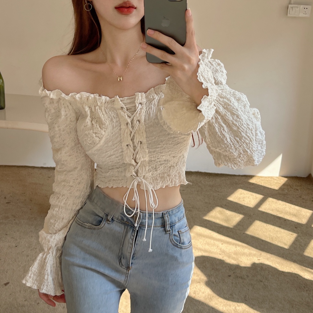 Áo Croptop Trễ Vai Tay Phồng Phong Cách Cổ Điển Thời Trang Cho Nữ