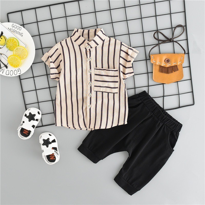 Set áo sơ mi kẻ sọc + quần ngắn thời trang cho bé trai