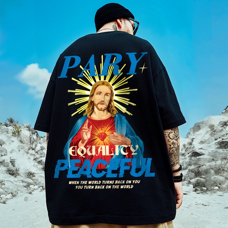 Áo thun tay ngắn cổ tròn in hình chúa Jesus phong cách hip hop đường phố thời trang mùa hè cho nam