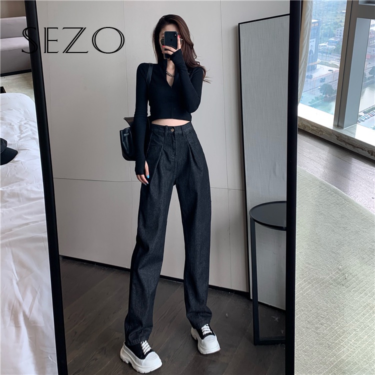 QKOOLE  Quần jean dài ống rộng lưng cao phong cách retro Hàn Quốc thời trang cho nữ