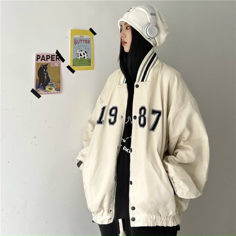 Áo Khoác Bomber Kaki 1987[FREESHIP]Áo chất kaki dầy mịn tay bồng màu Nude