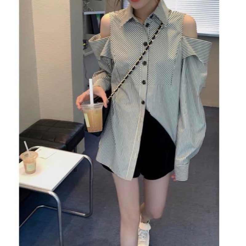 Áo sơ mi tay dài khoét vai oversize form rộng giấu quần kẻ sọc - Order taobao quảng châu