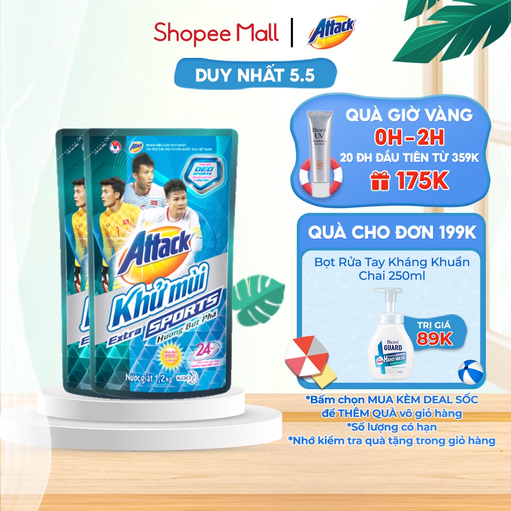 [Mã FMCGKAO52 giảm 8% đơn 250k] Combo 2 Nước giặt Attack Khử Mùi Extra Sport Bứt Phá túi 1.2kg