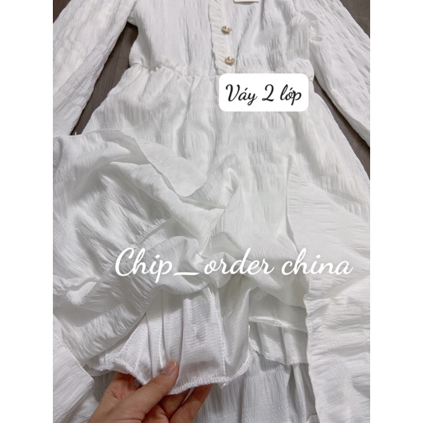 Đầm tiểu thư dáng dài khuy đính ngực đơn giản nhẹ nhàng phong cách hàn quốc dài tay | BigBuy360 - bigbuy360.vn