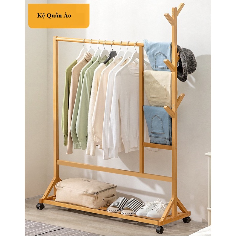 Kệ Treo Quần Áo Gỗ Tre Cao Cấp Vintage Có Bánh Xe Chữ U