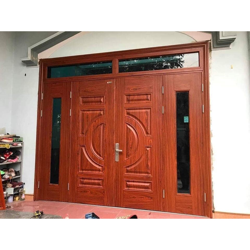 Cửa 4 cánh kính, cửa 4 cánh huỳnh - cửa thép vân gỗ Goonsan