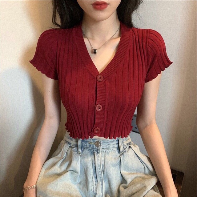 [Mã 11FASHIONSALE1 giảm 10K đơn 50K] Áo Len Ngắn Tay Cổ V Hàn Quốc Croptop Sang Chảnh Sexy Áo Dệt Kim K3C6 | BigBuy360 - bigbuy360.vn