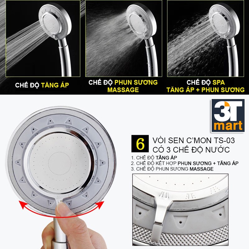 Bộ vòi sen tăng áp 3 chế độ nước C'MON TS-03 + dây sen (bạc)