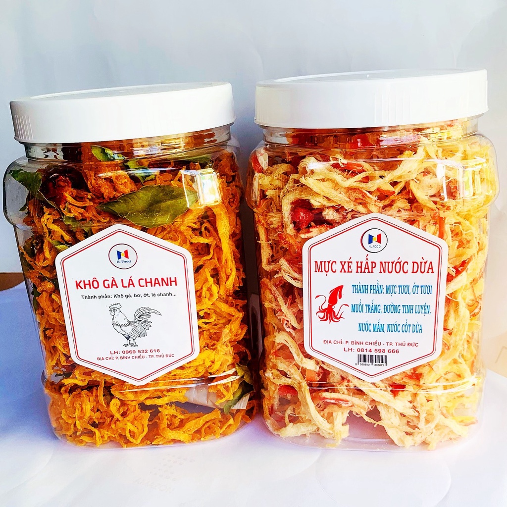 [2 HŨ 1KG ] 500G KHÔ MỰC HẤP NƯỚC DỪA XÉ SỢI + 500G KHÔ GÀ LÁ CHANH