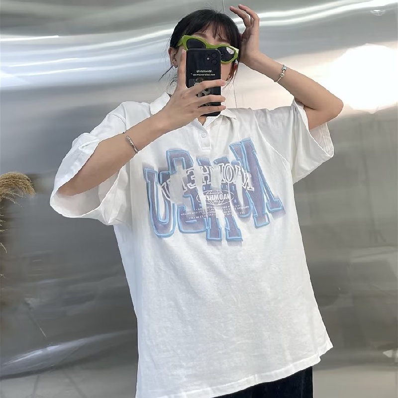 Áo Thun POLO Tay Ngắn Dáng Rộng Thoáng Khí In Chữ Phong Cách hip hop Đường Phố Nhật Bản Thời Trang Cho Nam Và Nữ
