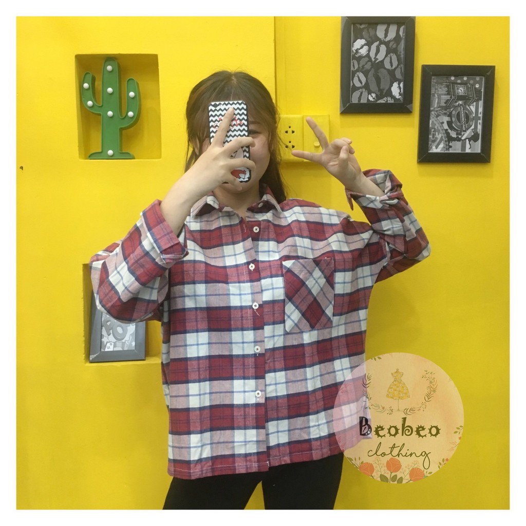 Áo sơ mi oversize sọc caro hồng có túi ulzzang