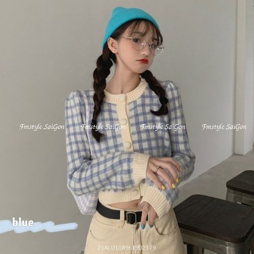 Áo len croptop dệt kim họa tiết caro tay dài cổ tròn phong cách hàn quốc 21ALU10A961902 | BigBuy360 - bigbuy360.vn