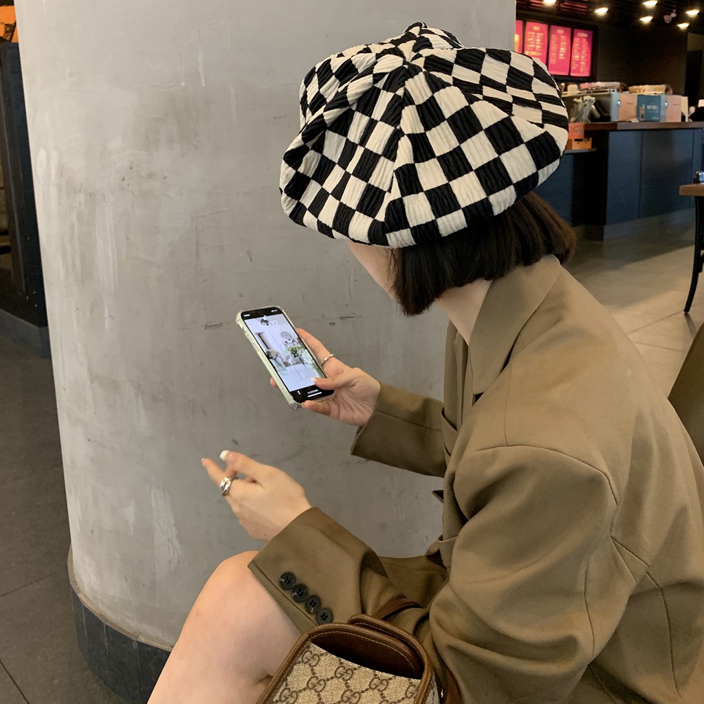 Mũ Beret Họa Tiết Sọc Caro Thời Trang Xuân Thu Phong Cách Hàn Quốc Cho Nữ