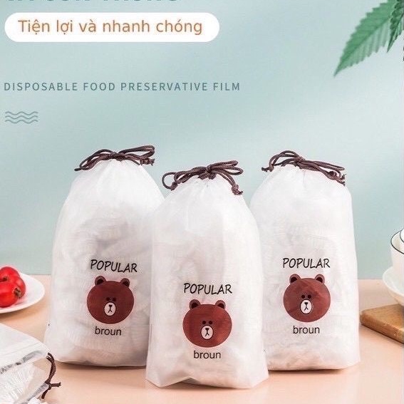 Combo 100 Màng Bọc Thực Phẩm Có Chun Co Dãn Tái Sử Dụng Được Kèm Túi Gấu