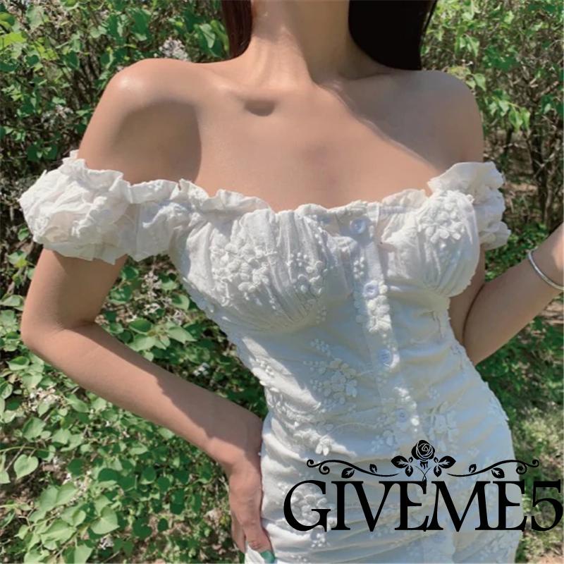 Đầm Trắng Mini Cổ Chữ V Trễ Vai In Họa Tiết Hoa Thanh Lịch Cho Nữ