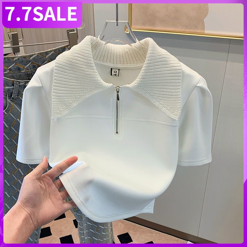Semi-zipper knitted short-sleeved T-shirt Women's 2022 Spring Korean lapel solid color irregular small thin blouse
