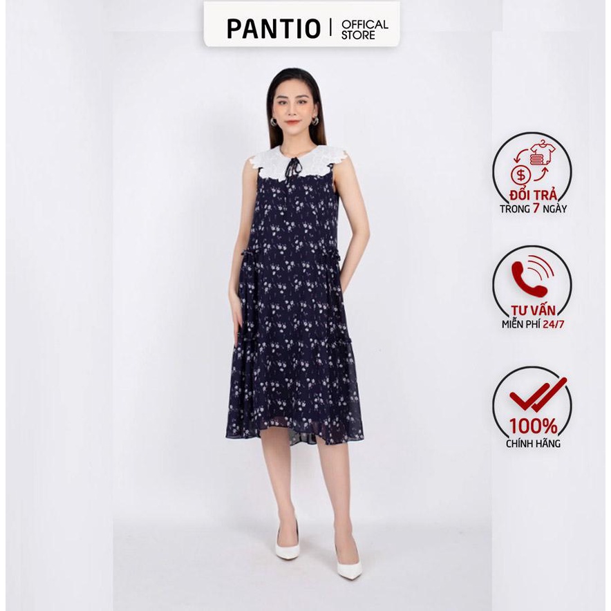 FDC33459 - Đầm công sở vải chiffon dáng suông xếp nhún bên hông cổ pha bèo thêu ren - PANTIO