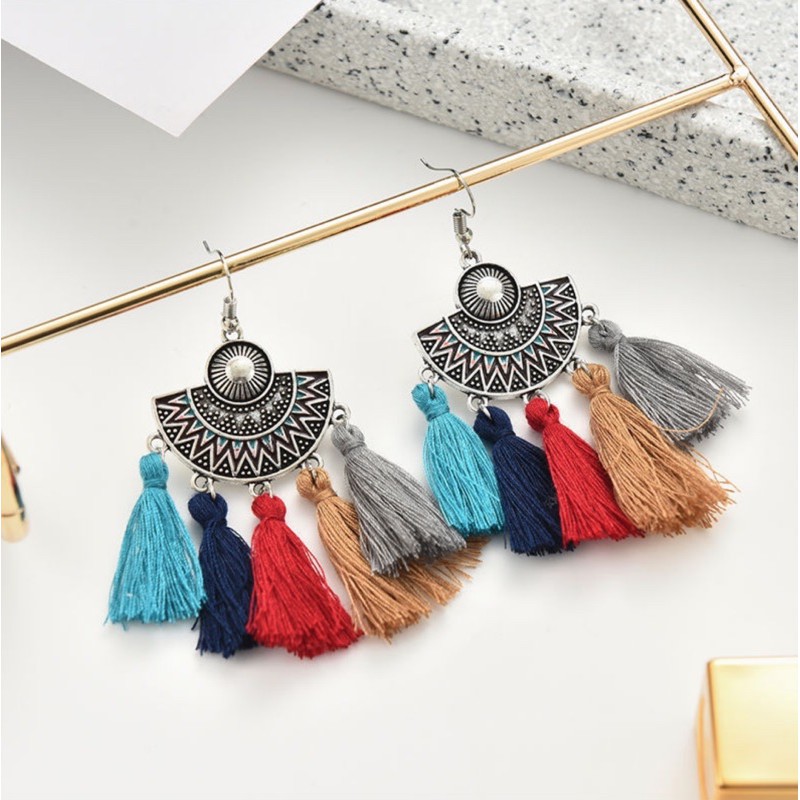 Khuyên tai bông tua rua phong cách bohochic vintage hoạ tiết độc đáo phụ kiện du lịch đi biển bohomian retro Lenvintage