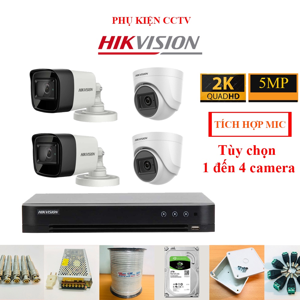 Trọn  Bộ Camera 1/2/3/4 Mắt 5Mp Hikvision Chính Hãng tích hợp Mic (FULL PHỤ KIỆN LẮP ĐẶT), Ổ Cứng Tùy Chọn