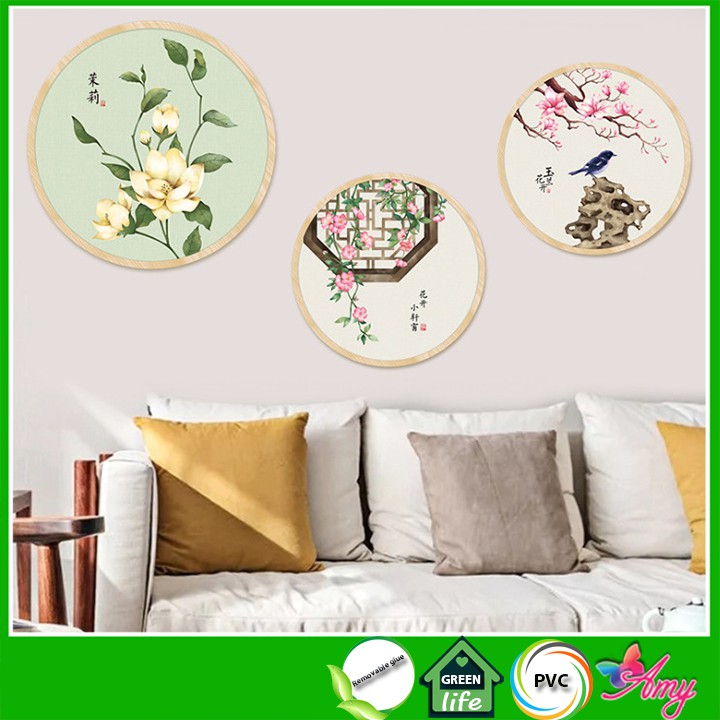[SỈ] Decal dán tường 3D ⚡ FREESHIP ⚡ Khung tròn Hoa và chim thủy mặc AmyShop