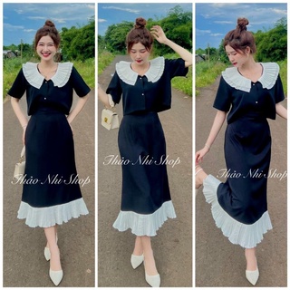 Set áo croptop đen cổ trắng dập ly + chân váy midi - a3