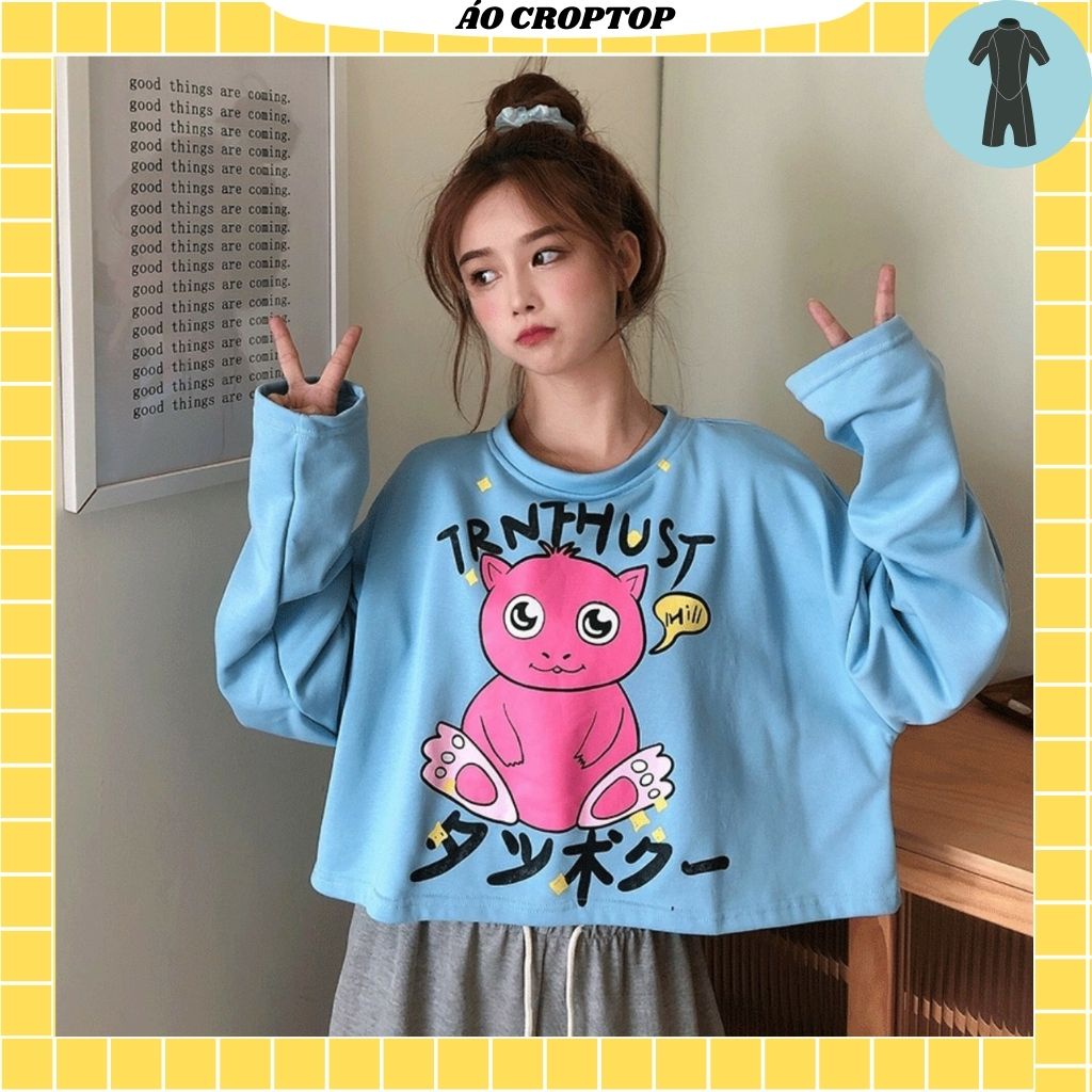 Áo croptop nữ tay dài , from rộng, freesize , thun cotton mềm mịn