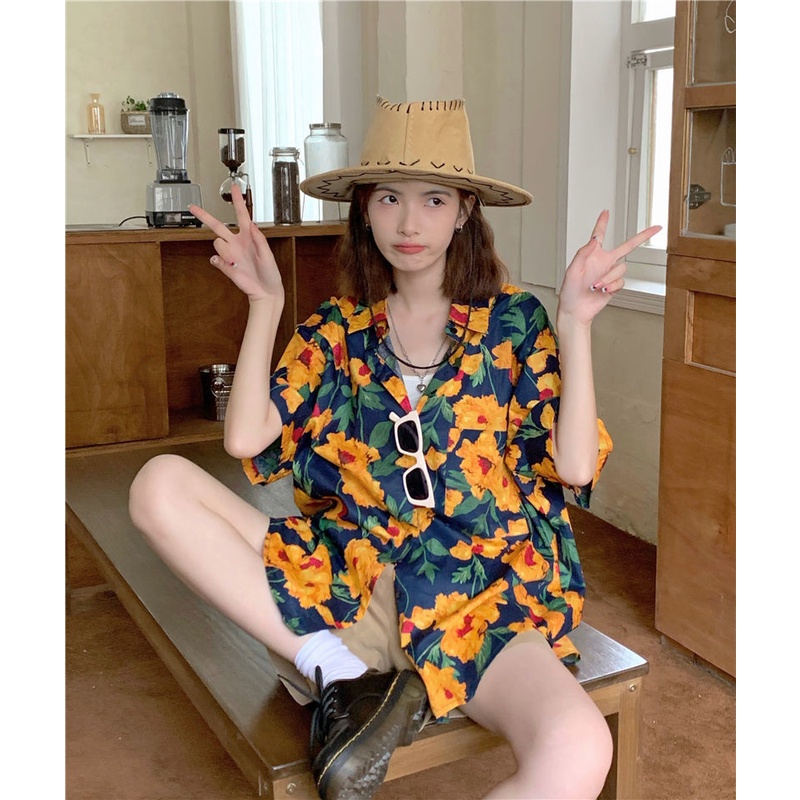 Áo Sơ Mi Nữ Tay Ngắn Họa Tiết Hoa Hướng Dương Thời Trang