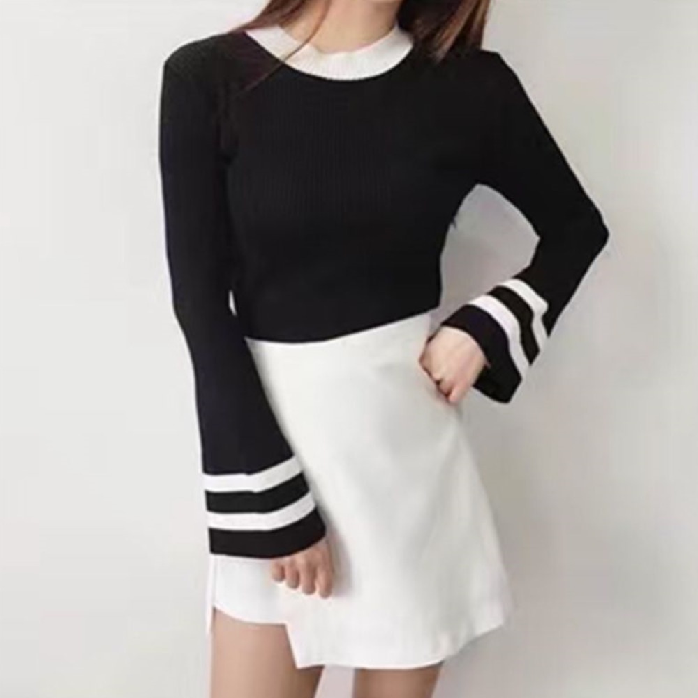 Áo Len Tay Dài Ống Loe Họa Tiết Kẻ Sọc Phong Cách Phương Tây Thời Trang Mùa Thu Mới Cho Nữ