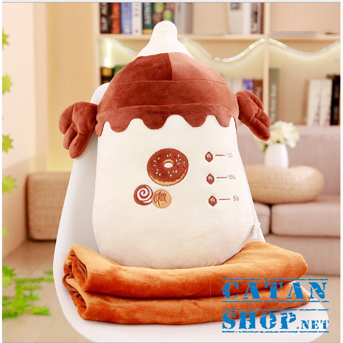 Gối mền hình bình sữa siêu cute 3 in1, nỉ nhung cực mịn, chăn gối văn phòng,  quà tặng các dịp lễ