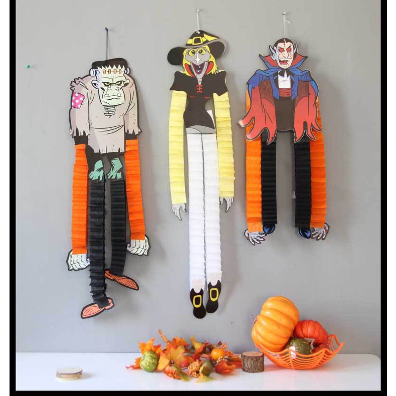 Đèn lồng giấy xếp Dây treo trang trí halloween hình phù thủy, con dơi, ma treo