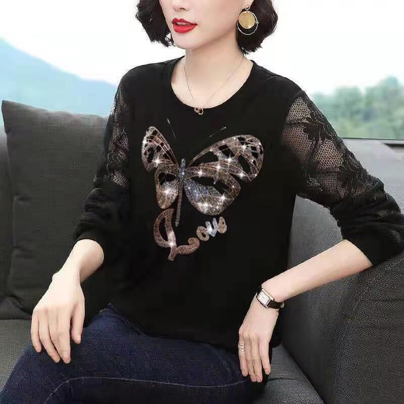 Áo thun tay dài phối ren thời trang xuân thu cho phụ nữ trung niên