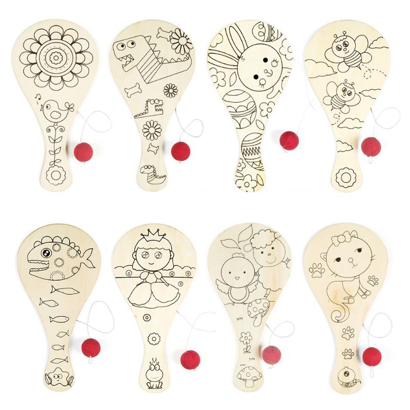 Bộ 9 vợt gỗ vẽ tay họa tiết hoạt hình kèm quả bóng