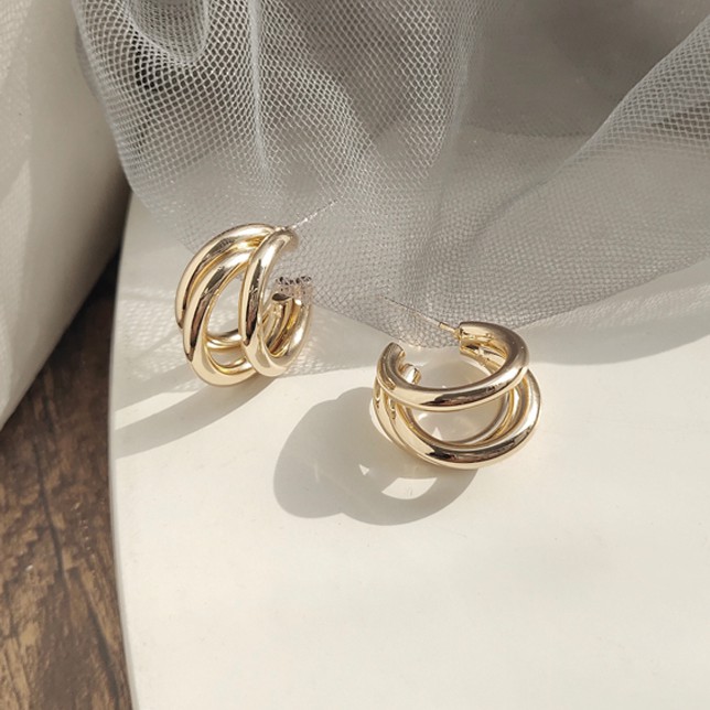 Bông tai kim loại chốt xỏ bạc 925 hình chữ C nhiều lớp thời trang đơn giản cho nữ 0306-8