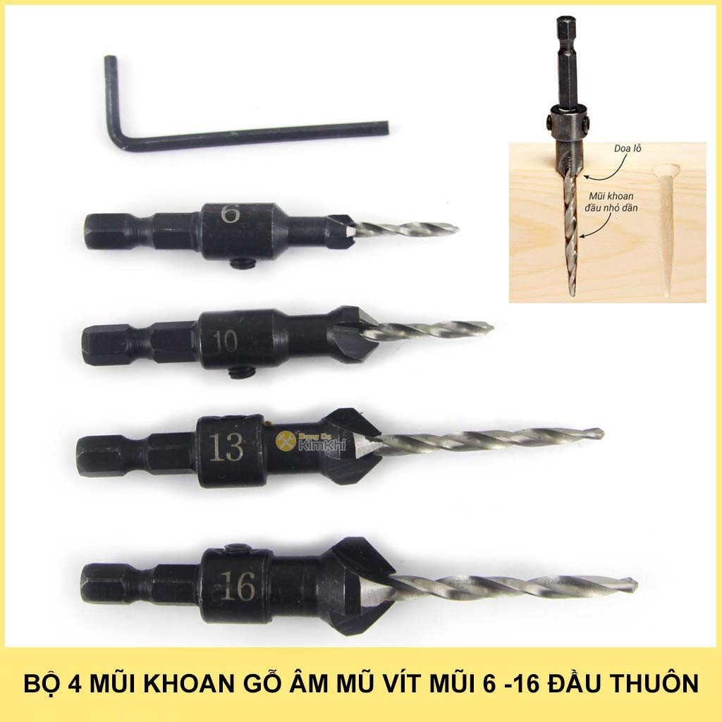 Bộ 4 mũi khoan gỗ âm mũ vít 6-16 đầu thuôn