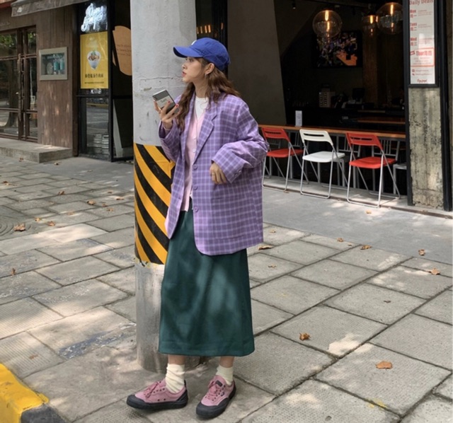 [OD] [SALE] Áo Khoác Blazer/Vest Kẻ Caro Tím Trendy Ulzzang Hàn Quốc